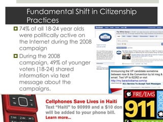 Fundamental Shift in Citizenship Practices74% of all 18-24 year olds were politically active on the Internet during the 2008 campaignDuring the 2008 campaign, 49% of younger voters (18-24) shared information via text message about the campaigns.http://www.visiblevote.us