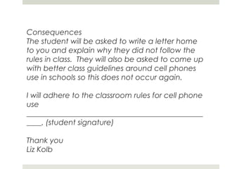 Dear Parents and Guardians,We are starting a new project this year in our biology course.  The students will be taking pictures of different biological species that they encounter in their everyday lives and posting on a private class website.  In order to capture the species in the everyday lives of the students, I have given them the option of using their cell phones to take the pictures and send them to the class website.   While the students are not required to have a cell phone for the project, they are welcome to use their own if they choose to and if you allow them.  In class, we will be discussing issues of mobile safety and etiquette before starting the project.  I will be using the ConnectSafely Guidelines for Mobile Safety (http://www.connectsafely.org/safety-tips-and-advice.html ).  If you would like to participate in this conversation, please feel free to attend the class sessions on March 5th and 6th during any of the biology class periods:8:00-9:009:10-10:102:10-3:10