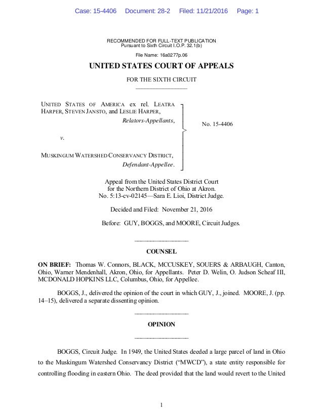 sixth circuit court of appeals decision in harper v muskingum watersh