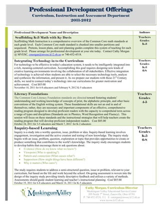 Professional Development Offerings
                   Curriculum, Instruction and Assessment Department
                                       2011-2012


   Professional Development Name and Description                                                                  Audience

    Scaffolding K-3 Math with Ky Davis                                                                           Teachers
   Scaffolding Math Instruction is a comprehensive overview of the Common Core math standards at                  Grades
   each grade level. Each Common Core math standard is chunked into smaller partitions and                         K-3
   sequenced. Pretests, lesson plans, and unit planning guides complete this system of teaching for each
   grade level. Please arrange for professional development at your site today. Contact Cathy Morgan
   @ MVESC, cmorgan@mvesc.k12.oh.us or 740-452-4518.

   Integrating Technology in to the Curriculum                                                                   Teachers
   For technology to be effective in today's education system, it needs to be intelligently integrated into       Grades
   a rich, meaning-centered curriculum. Accomplishing this goal requires designing new kinds of                    K-5
   creative learning environments involving the collaboration of all stakeholders. Effective integration           6-8
   of technology is achieved when students are able to select the necessary technology tools, analyze
   and synthesize the information, and present it. As we prepare our students with those 21st Century
   skills, we need to connect today’s technology into our curriculums for greater motivation and
   achievement. Cost $85.00
   November 18, 2011 for 6-8 educators and February 9, 2012 K-5 educators

   Literacy Foundations                                                                                         Teachers
   The Common Core Literacy Foundation standards are directed toward fostering students’                         Grades
   understanding and working knowledge of concepts of print, the alphabetic principle, and other basic            4-5
   conventions of the English writing system. These foundational skills are not an end in and of
   themselves; rather, they are necessary and important components of an effective, comprehensive
   reading program designed to develop proficient readers with the capacity to comprehend texts across
   a range of types and disciplines (Standards are in Phonics, Word Recognition and Fluency). This
   session will focus on these standards and the instructional strategies that will help teachers create the
   reading program that will develop proficient independent readers. Cost $85.00
   October 24, 2011 for 3-5 educators and March 7, 2012 for K-2 educators
   Inquiry-based Learning                                                                                       Teachers
   Inquiry is a study into a worthy question, issue, problem or idea. Inquiry-based learning involves            Grades
   engagement, investigation and the active creation and testing of new knowledge. The inquiry study              K-5
   begins with an issue, problem, question, exploration or topic that provides opportunities to create or         6-8
   produce something that contributes to the world’s knowledge. The inquiry study encourages students
   to develop habits that encourage them to ask questions about:
       • Evidence (How do we know what we know?)
       • Viewpoint (Who is speaking?)
       • Pattern and connection (What causes what?)
       • Supposition (How might things have been different?)
       • Why it matters (Who cares?)

   The study requires students to address a semi-structured question, issue or problem, relevant to your
   curriculum, but based on the life and work beyond the school. On-going assessment is woven into the
   design of the inquiry study providing timely descriptive feedback and utilizes a variety of methods.
   Assessments should guide student learning and teacher’s instructional planning. Cost $85.00
   October 19, 2011 for 6-8 educators and March 14, 2011 for K-5 educators
                                                                    Cathy Morgan, Curriculum Director
[Type text]                                                          Muskingum Valley Educational Service Center
                                                                       205 North 7th Street, Zanesville, Ohio 43701
MaMay                                                             P: 740.452.4518, 111 E: cmorgan@mvesc.k12.oh.us
                                                                                 www.mvesc.k12.oh.us
 