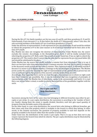 Class –LL.B (HONS.) II SEM. Subject – Muslim Law
64
During the life of P, his family members are his two sons (A and B), and three grandsons (C, D and E).
Unfortunately, В pre-deceases P, i.e. В dies before the death of P. Subsequently, when P also dies, the
sole surviving members of the family of P are A and three grandsons, C, D and E.
Under the doctrine of representation, E will represent his pre-deceased father В and would be entitled
to inherit the properties of P in the same manner as В would have inherited had he been alive at the
time of P’s death.
But, Muslim law does not recognise the doctrine of representation. Under Muslim law, the nearer
excludes the remoter. Accordingly, in the illustration given above, E will be totally excluded from
inheriting the properties of P. Both, under Shia as well as under Sunni law, E has no right to inherit the
properties of P. The result is that E cannot take the plea that he represents his pre-deceased father (В)
and should be substituted in his place.
Under Muslim law, the nearer heir totally excludes a remoter heir from inheritance. That is to say, if
there are two heirs who claim inheritance from a common ancestor, the heir who is nearer (in degree)
to the deceased, would exclude the heir who is remoter. Thus, between A and E, A will totally exclude E
because A is nearer to P in degree whereas, E belongs to the second degree of generation. The Muslim
jurists justify the reason for denying the right of representation on the ground that a person has not
even an inchoate right to the property of his ancestor until the death of that ancestor.
Accordingly, they argue that there can be no claim through a deceased person in whom no right could
have been vested by any possibility. But, it may be submitted that non-recognition of principles of
representation under the Muslim law of inheritance, seems to be unreasonable and harsh. It is cruel
that a son, whose father is dead, is unable to inherit the properties of his grandfather together with his
uncle.
Succession among the heirs of the same class but belonging to different branches may either be per-
capita or per-strips. In a per-capita distribution, the succession is according to the ‘number of heirs’
(i.e. heads). Among them the estate is equally divided; therefore, each heir gets equal quantity of
property from the heritable assets of the deceased.
On the other hand, in a per strip distribution, the several heirs who belong to different branches, get
their share only from that property which is available to the branch to which they belong. In other
words, in the stripital succession, the quantum of property available to each heir depends on the
property available to his branch rather than the number of all the heirs.
Under Sunni law, the distribution of the assets is per-capita. That is to say an heir does not in any
respect represent the branch from which he inherits. The per-capita distribution may be illustrated by
the following diagram.
Per-Capita and Per-
Strip Distribution
 