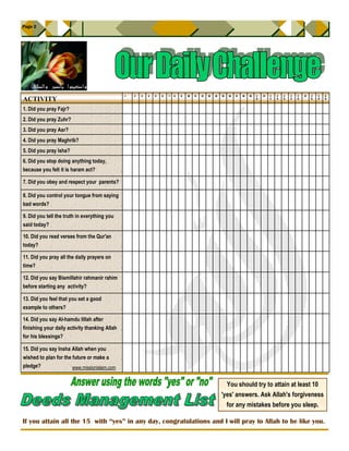 Page 2




                                               1   2   3   4   5   6   7   8   9   10   11   12   13   14   15   16   17   18   19   2   21   2   2   2   2   2   27   2   2   3
ACTIVITY                                                                                                                             0        2   3   4   5   6        8   9   0



1. Did you pray Fajr?                          .   . . . . . . . . . . . . . . . . . . . . . . . . . . . . .
2. Did you pray Zuhr?                          .   . . . . . . . . . . . . . . . . . . . . . . . . . . . . .
3. Did you pray Asr?                           .   . . . . . . . . . . . . . . . . . . . . . . . . . . . . .
4. Did you pray Maghrib?                       .   . . . . . . . . . . . . . . . . . . . . . . . . . . . . .
5. Did you pray Isha?                          .   . . . . . . . . . . . . . . . . . . . . . . . . . . . . .
6. Did you stop doing anything today,
                                               .   . . . . . . . . . . . . . . . . . . . . . . . . . . . . .
because you felt it is haram act?

7. Did you obey and respect your parents?      .   . . . . . . . . . . . . . . . . . . . . . . . . . . . . .

8. Did you control your tongue from saying
                                               .   . . . . . . . . . . . . . . . . . . . . . . . . . . . . .
bad words?

9. Did you tell the truth in everything you
                                               .   . . . . . . . . . . . . . . . . . . . . . . . . . . . . .
said today?

10. Did you read verses from the Qur'an
                                               .   . . . . . . . . . . . . . . . . . . . . . . . . . . . . .
today?

11. Did you pray all the daily prayers on
                                               .   . . . . . . . . . . . . . . . . . . . . . . . . . . . . .
time?

12. Did you say Bismillahir rahmanir rahim
                                               .   . . . . . . . . . . . . . . . . . . . . . . . . . . . . .
before starting any activity?

13. Did you feel that you set a good
                                               .   . . . . . . . . . . . . . . . . . . . . . . . . . . . . .
example to others?

14. Did you say Al-hamdu lillah after
finishing your daily activity thanking Allah   .   . . . . . . . . . . . . . . . . . . . . . . . . . . . . .
for his blessings?

15. Did you say Insha Allah when you
                                                                                                                                                      .
wished to plan for the future or make a        .   . . . . . . . . . . . . . . . . . . . . . .                                                          . . . . .
                                                                                                                                                      .
pledge?                www.missionislam.com


                                                                                                              You should try to attain at least 10
                                                                                                            'yes' answers. Ask Allah's forgiveness
                                                                                                              for any mistakes before you sleep.

If you attain all the 15 with “yes” in any day, congratulations and I will pray to Allah to be like you.
 