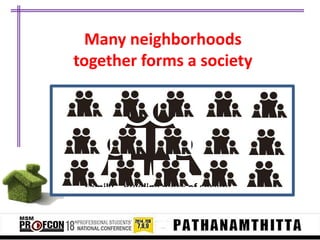 Many neighborhoods
Pay attention to thesociety
home
together forms a
WHY ???

Family – Building block of society

Families together form neighborhood

 