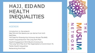 HAJJ, EIDAND
HEALTH
INEQUALITIES
AGENDA
Introduction to the network
Hajj, Eid and the lessons we can derive from both
Hajj Diary
The Case For Diversity And Inclusion Across The NHS
Health Inequalities And The Long Term Plan
Health Engagement With Muslim Community
The Long Term Plan And The Organisation's Commitment To
Tackle Health Inequalities
Networking And Food
 