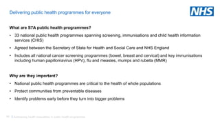 50 |
Delivering public health programmes for everyone
What are S7A public health programmes?
• 33 national public health programmes spanning screening, immunisations and child health information
services (CHIS)
• Agreed between the Secretary of State for Health and Social Care and NHS England
• Includes all national cancer screening programmes (bowel, breast and cervical) and key immunisations
including human papillomavirus (HPV), flu and measles, mumps and rubella (MMR)
Why are they important?
• National public health programmes are critical to the health of whole populations
• Protect communities from preventable diseases
• Identify problems early before they turn into bigger problems
Addressing health inequalities in public health programmes
 