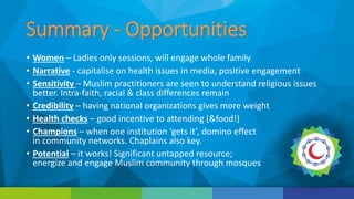 Summary - Opportunities
• Women – Ladies only sessions, will engage whole family
• Narrative - capitalise on health issues in media, positive engagement
• Sensitivity – Muslim practitioners are seen to understand religious issues
better. Intra-faith, racial & class differences remain
• Credibility – having national organizations gives more weight
• Health checks – good incentive to attending (&food!)
• Champions – when one institution ‘gets it’, domino effect
in community networks. Chaplains also key.
• Potential – it works! Significant untapped resource;
energize and engage Muslim community through mosques
 