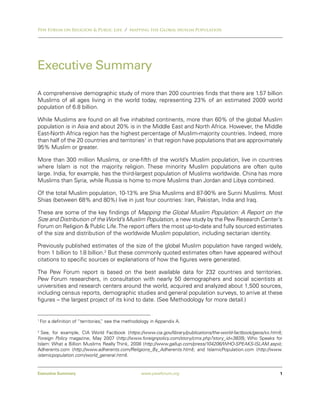 Pew Forum on Religion & Public Life / Mapping the Global Muslim Population




Executive Summary

A comprehensive demographic study of more than 200 countries finds that there are 1.57 billion
Muslims of all ages living in the world today, representing 23% of an estimated 2009 world
population of 6.8 billion.

While Muslims are found on all five inhabited continents, more than 60% of the global Muslim
population is in Asia and about 20% is in the Middle East and North Africa. However, the Middle
East-North Africa region has the highest percentage of Muslim-majority countries. Indeed, more
than half of the 20 countries and territories1 in that region have populations that are approximately
95% Muslim or greater.

More than 300 million Muslims, or one-fifth of the world’s Muslim population, live in countries
where Islam is not the majority religion. These minority Muslim populations are often quite
large. India, for example, has the third-largest population of Muslims worldwide. China has more
Muslims than Syria, while Russia is home to more Muslims than Jordan and Libya combined.

Of the total Muslim population, 10-13% are Shia Muslims and 87-90% are Sunni Muslims. Most
Shias (between 68% and 80%) live in just four countries: Iran, Pakistan, India and Iraq.

These are some of the key findings of Mapping the Global Muslim Population: A Report on the
Size and Distribution of the World’s Muslim Population, a new study by the Pew Research Center’s
Forum on Religion & Public Life. The report offers the most up-to-date and fully sourced estimates
of the size and distribution of the worldwide Muslim population, including sectarian identity.

Previously published estimates of the size of the global Muslim population have ranged widely,
from 1 billion to 1.8 billion.2 But these commonly quoted estimates often have appeared without
citations to specific sources or explanations of how the figures were generated.

The Pew Forum report is based on the best available data for 232 countries and territories.
Pew Forum researchers, in consultation with nearly 50 demographers and social scientists at
universities and research centers around the world, acquired and analyzed about 1,500 sources,
including census reports, demographic studies and general population surveys, to arrive at these
figures – the largest project of its kind to date. (See Methodology for more detail.)


1
    For a definition of “territories, see the methodology in Appendix A.
                                    ”

2
  See, for example, CIA World Factbook (https://www.cia.gov/library/publications/the-world-factbook/geos/xx.html);
Foreign Policy magazine, May 2007 (http://www.foreignpolicy.com/story/cms.php?story_id=3835); Who Speaks for
Islam: What a Billion Muslims Really Think, 2008 (http://www.gallup.com/press/104206/WHO-SPEAKS-ISLAM.aspx);
Adherents.com (http://www.adherents.com/Religions_By_Adherents.html); and IslamicPopulation.com (http://www.
islamicpopulation.com/world_general.html).


Executive Summary                                   www.pewforum.org                                            1
 