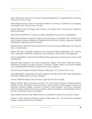 Pew Forum on Religion & Public Life / Mapping the Global Muslim Population




Aslam Mahmood, Centre for the Study of Regional Development, Jawaharlal Nehru University,
India (Country Focus: India)

Gisele Maynard-Tucker, Center for the Study of Women, University of California at Los Angeles,
Los Angeles, Calif. (Country Focus: Guinea)

Khaleel Mohammed, San Diego State University, San Diego, Calif. (Country Focus: Argentina,
Brazil and Guyana)

Khan Mohammad Mohsin, University of Dhaka, Bangladesh (Country Focus: Bangladesh)

Abdul Ghaffar Mughal, University of California at Los Angeles, Los Angeles, Calif., and South and
East European University, Republic of Macedonia (Country Focus: Kosovo, Kyrgyzstan, Republic
of Macedonia, Tajikistan and Turkmenistan)

Mohamed Nimer, School of International Service, American University, Washington, D.C. (Country
Focus: United States)

Martha Brill Olcott, Carnegie Endowment for International Peace, Washington, D.C. (Country
Focus: Azerbaijan, Kazakhstan, Kyrgyzstan, Russia, Tajikistan, Turkmenistan and Uzbekistan)

Zahia Ouadah-Bedidi, Institut National d’Études Démographiques, France (Country Focus: Libya
and Morocco)

Kolawole Azeez Oyediran, John Snow Incorporated, Nigeria; with Ibrahim Olatunde Uthman,
Department of Arabic and Islamic Studies, University of Ibadan, Nigeria, and Sama’ila Madaki
Yusuf, USAID/ACCESS-JHPIEGO, Nigeria (Country Focus: Nigeria)

Farzaneh Roudi, Population Reference Bureau, Washington, D.C. (Country Focus: Iran)

Abdul Majid Salleh, Independent Consultant, Malaysia, with Wan Hashim Wan Jaffar, Independent
Consultant, Malaysia (Country Focus: Malaysia)

Hussein Abdel-Aziz Sayed, Cairo University, Egypt (Country Focus: Egypt)

Vegard Skirbekk, Marcin Stonawski and Samir KC, International Institute for Applied Systems
Analysis, Austria; Bilal Barakat and Anne Goujon, Vienna Institute of Demography, Austria; Eric
Kaufmann, Birkbeck College, University of London, United Kingdom; and Erling Lundevaller,
Umeå University, Sweden (Country Focus: Albania, Bosnia-Herzegovina, United Kingdom, France,
Germany, Netherlands, Spain and Sweden)

Eldaw Abdalla Suliman, Dubai Health Authority, United Arab Emirates (Country Focus: Sudan)

Charles H. Teller, Population Reference Bureau, Washington, D.C., and Institute for Population
Studies, Ethiopia (Country Focus: Ethiopia)



Advisers and Consultants                 www.pewforum.org                                      58
 