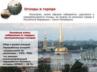 Отходы в городе
                   Посмотрим, каким образом собираются, удаляются и
              перерабатываются отходы, во втором по величине городе в
              Российской Федерации – Санкт-Петербурге.




    Основные этапы
 избавления от твердых
 муниципальных отходов


Сбор и вывоз отходов
Переработка отходов:
захоронение на
полигонах – 74% ТМО;
на заводах
механизированной
переработки бытовых
отходов (МПБО) – 26 %.
 
