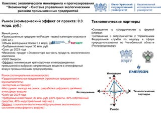 Технологические партнеры
•Соглашение о сотрудничестве с фирмой
Emerson
•Соглашение о сотрудничестве с Управлением
Федеральной службы по надзору в сфере
природопользования по Челябинской области
(Росприроднадзор).
...
Рынок (коммерческий эффект от проекта: 0.3
млрд. руб.)
Явный рынок.
•Промышленные предприятия России первой категории опасности
(300 шт.)
•Объем всего рынка: более 0.7 млрд. руб.
•Требуемые инвестиции: 30 млн. руб.
•Срок: до 2023 года
•Механизм: продукт «Экомонитор» как часть продукта, экологического
комплекса
•ООО Эмерсон.
•Эффект: минимизация краткосрочных и непредвиденных
превышений в выбросах загрязняющих веществ в атмосферный
воздух промышленными предприятиями.
Рынок (потенциальные возможности):
•Градостроительные предприятия (проектные предприятия) и
муниципалитеты:
•экспертиза и стандарт.
•Инструмент выхода на рынок: разработка цифрового двойника
атмосферы воздуха
•Срок: до 2024 года
•Требуемые инвестиции: 30 млн. руб. (30% гранты, 30% собственные
средства, 40% индустриальный партнер )
Эффект: социально-экологический (улучшение экологического
состояния атмосферного воздуха)
Комплекс экологического мониторинга и прогнозирования
“Экомонитор” - Система управления экологическими
рисками промышленных предприятий
Рынок
Технологические
партнеры
Инновации
Исследования 10 10
10
8
8
3 8
1
10
 