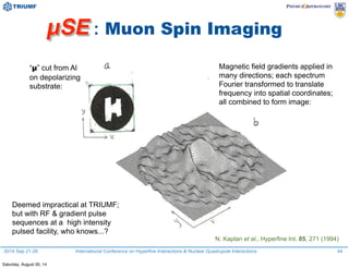 2014 Sep 21-26 International Conference on Hyperfine Interactions & Nuclear Quadrupole Interactions
µSE : Muon Spin Imaging
44
Magnetic field gradients applied in
many directions; each spectrum
Fourier transformed to translate
frequency into spatial coordinates;
all combined to form image:
“µ” cut from Al
on depolarizing
substrate:
N. Kaplan et al., Hyperfine Int. 85, 271 (1994)
Deemed impractical at TRIUMF;
but with RF & gradient pulse
sequences at a high intensity
pulsed facility, who knows...?
Saturday, August 30, 14
 