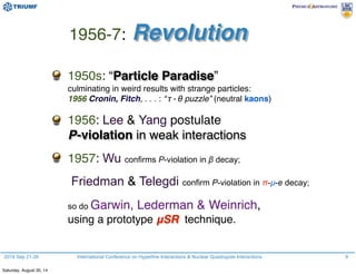 2014 Sep 21-26 International Conference on Hyperfine Interactions & Nuclear Quadrupole Interactions
1956-7: Revolution
1950s: “Particle Paradise”
culminating in weird results with strange particles:
1956 Cronin, Fitch, . . . : “τ -θ puzzle” (neutral kaons)
1956: Lee & Yang postulate
P-violation in weak interactions
1957: Wu confirms P-violation in β decay;
Friedman & Telegdi confirm P-violation in π-µ-e decay;
so do Garwin, Lederman & Weinrich,
using a prototype μSR technique.
9
Saturday, August 30, 14
 