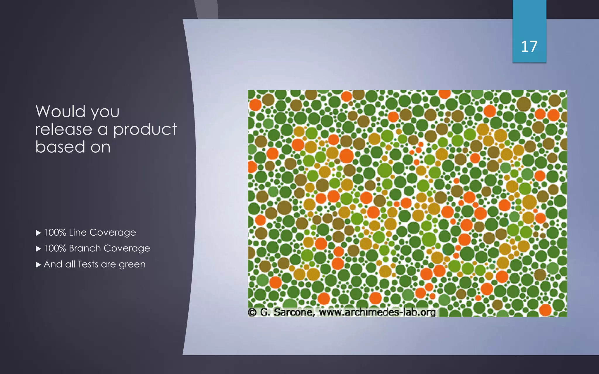 Would you
release a product
based on
 100% Line Coverage
 100% Branch Coverage
 And all Tests are green
17
 