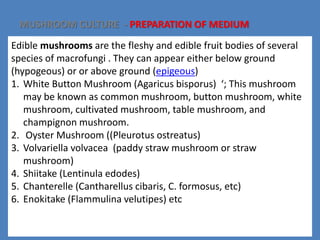 MUSHROOM CULTURE - PREPARATION OF MEDIUM
Edible mushrooms are the fleshy and edible fruit bodies of several
species of macrofungi . They can appear either below ground
(hypogeous) or or above ground (epigeous)
1. White Button Mushroom (Agaricus bisporus) ‘; This mushroom
may be known as common mushroom, button mushroom, white
mushroom, cultivated mushroom, table mushroom, and
champignon mushroom.
2. Oyster Mushroom ((Pleurotus ostreatus)
3. Volvariella volvacea (paddy straw mushroom or straw
mushroom)
4. Shiitake (Lentinula edodes)
5. Chanterelle (Cantharellus cibaris, C. formosus, etc)
6. Enokitake (Flammulina velutipes) etc
 