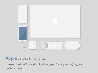 It uses minimalist design for their products, packaging, and
outlet stores.
Apple values simplicity.
 