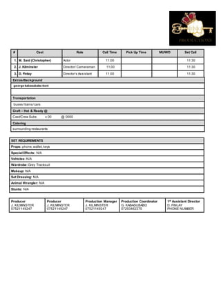 # Cast Role Call Time Pick Up Time MU/WD Set Call
1. M. Said (Christopher) Actor 11;00 11:30
2. J. Kilminster Director/ Cameraman 11;00 11:30
3. D. Finlay Director’s Assistant 11:00 11:30
Extras/Background
george kabasubabo-koni
Transportation
buses/trains/cars
Craft – Hot & Ready @
Cast/Crew Subs x 00 @ 0000
Catering
surrounding restaurants
SET REQUIREMENTS
Props: phone,wallet, keys
Special Effects: N/A
Vehicles: N/A
Wardrobe: Grey Tracksuit
Makeup: N/A
Set Dressing: N/A
Animal Wrangler: N/A
Stunts: N/A
Producer
J. KILMINSTER
07521149247
Producer
J. KILMINSTER
07521149247
Production Manager
J. KILMINSTER
07521149247
Production Coordinator
G. KABASUBABO
07293462275
1st
Assistant Director
D. FINLAY
PHONE NUMBER
 
