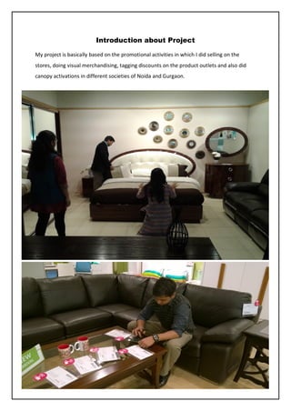 12
Introduction about Project
My project is basically based on the promotional activities in which I did selling on the
stores, doing visual merchandising, tagging discounts on the product outlets and also did
canopy activations in different societies of Noida and Gurgaon.
 