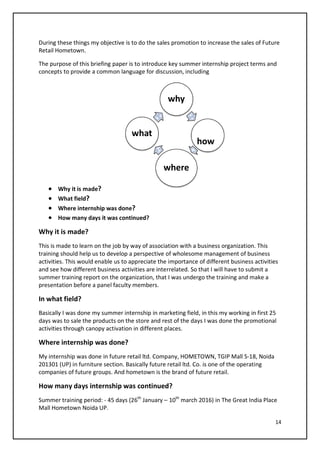 14
During these things my objective is to do the sales promotion to increase the sales of Future
Retail Hometown.
The purpose of this briefing paper is to introduce key summer internship project terms and
concepts to provide a common language for discussion, including
• Why it is made?
• What field?
• Where internship was done?
• How many days it was continued?
Why it is made?
This is made to learn on the job by way of association with a business organization. This
training should help us to develop a perspective of wholesome management of business
activities. This would enable us to appreciate the importance of different business activities
and see how different business activities are interrelated. So that I will have to submit a
summer training report on the organization, that I was undergo the training and make a
presentation before a panel faculty members.
In what field?
Basically I was done my summer internship in marketing field, in this my working in first 25
days was to sale the products on the store and rest of the days I was done the promotional
activities through canopy activation in different places.
Where internship was done?
My internship was done in future retail ltd. Company, HOMETOWN, TGIP Mall S-18, Noida
201301 (UP) in furniture section. Basically future retail ltd. Co. is one of the operating
companies of future groups. And hometown is the brand of future retail.
How many days internship was continued?
Summer training period: - 45 days (26th
January – 10th
march 2016) in The Great India Place
Mall Hometown Noida UP.
why
how
where
what
 