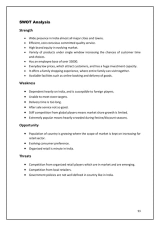 93
SWOT Analysis
Strength
• Wide presence in India almost all major cities and towns.
• Efficient, cost conscious committed quality service.
• High brand equity in evolving market.
• Variety of products under single window increasing the chances of customer time
and choices.
• Has an employee base of over 35000.
• Everyday low prices, which attract customers, and has a huge investment capacity.
• It offers a family shopping experience, where entire family can visit together.
• Available facilities such as online booking and delivery of goods.
Weakness
• Dependent heavily on India, and is susceptible to foreign players.
• Unable to meet store targets.
• Delivery time is too long.
• After sale service not so good.
• Stiff competition from global players means market share growth is limited.
• Extremely popular means heavily crowded during festive/discount seasons.
Opportunity
• Population of country is growing where the scope of market is kept on increasing for
retail sector.
• Evolving consumer preference.
• Organized retail is minute in India.
Threats
• Competition from organized retail players which are in market and are emerging.
• Competition from local retailers.
• Government policies are not well defined in country like in India.
 