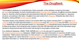 The DrugBank database is a comprehensive, freely accessible, online database containing information
on drugs and drug targets. As both a bioinformatics and a cheminformatics resource, DrugBank combines detailed
drug (i.e. chemical, pharmacological and pharmaceutical) data with comprehensive drug target (i.e. sequence,
structure, and pathway) information. DrugBank has used content from Wikipedia; Wikipedia also often links to
Drugbank, posing potential circular reporting issues.
The latest release of the database (version 5.0) contains 9591 drug entries including 2037 FDA-approved small
molecule drugs, 241 FDA-approved biotech (protein/peptide) drugs, 96 nutraceuticals and over 6000 experimental
drugs. Additionally, 4270 non-redundant protein (i.e. drug target/enzyme/transporter/carrier) sequences are linked
to these drug entries. Each DrugCard entry contains more than 200 data fields with half of the information being
devoted to drug/chemical data and the other half devoted to drug target or protein data.
Four additional databases, HMDB, T3DB, SMPDB and FooDB are also part of a general suite
of metabolomic/cheminformatic databases. HMDB contains equivalent information on more than 40,000 human
metabolites, T3DB contains information on 3100 common toxins and environmental pollutants, SMPDB contains
pathway diagrams for nearly 700 human metabolic pathways and disease pathways, while FooDB contains
equivalent information on ~28,000 food components and food additives.
The DrugBank
 