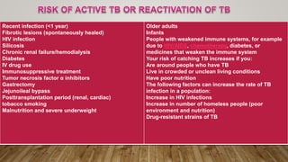 Older adults
Infants
People with weakened immune systems, for example
due to HIV/AIDS, chemotherapy, diabetes, or
medicines that weaken the immune system
Your risk of catching TB increases if you:
Are around people who have TB
Live in crowded or unclean living conditions
Have poor nutrition
The following factors can increase the rate of TB
infection in a population:
Increase in HIV infections
Increase in number of homeless people (poor
environment and nutrition)
Drug-resistant strains of TB
Recent infection (<1 year)
Fibrotic lesions (spontaneously healed)
HIV infection
Silicosis
Chronic renal failure/hemodialysis
Diabetes
IV drug use
Immunosuppressive treatment
Tumor necrosis factor α inhibitors
Gastrectomy
Jejunoileal bypass
Posttransplantation period (renal, cardiac)
tobacco smoking
Malnutrition and severe underweight
 
