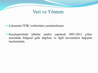 Veri ve Yöntem
 Çalışmada TÜİK verilerinden yararlanılmıştır.
 Karşılaştırılmalı tablolar analizi yapılarak 2007-2012 yılları
arasındaki bölgesel gelir dağılımı ve ilgili kavramların değişimi
incelenmiştir.
 