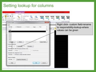 Setting lookup for columns
Right click- custom field-rename
to responsibility-lookup-where
values can be given
 