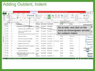 Adding Outdent, Indent
Go to task- and click on the
icons as shown(green arrows)
for outdent/ indent.
 