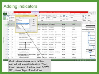Adding indicators
Go to view- tables- more tables-
earned value cost indicators. Then,
insert columns of actual cost, BCWP.
SPI, percentage of work done
 