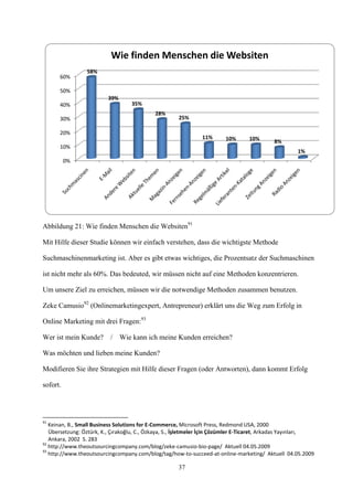 Wie finden Menschen die Websiten
                 58%
      60%

      50%
                          39%
      40%                          35%
                                             28%
      30%                                             25%

      20%
                                                                11%      10%      10%       8%
      10%
                                                                                                      1%
          0%




Abbildung 21: Wie finden Menschen die Websiten91

Mit Hilfe dieser Studie können wir einfach verstehen, dass die wichtigste Methode

Suchmaschinenmarketing ist. Aber es gibt etwas wichtiges, die Prozentsatz der Suchmaschinen

ist nicht mehr als 60%. Das bedeuted, wir müssen nicht auf eine Methoden konzentrieren.

Um unsere Ziel zu erreichen, müssen wir die notwendige Methoden zusammen benutzen.

Zeke Camusio92 (Onlinemarketingexpert, Antrepreneur) erklärt uns die Weg zum Erfolg in

Online Marketing mit drei Fragen:93

Wer ist mein Kunde?        / Wie kann ich meine Kunden erreichen?

Was möchten und lieben meine Kunden?

Modifieren Sie ihre Strategien mit Hilfe dieser Fragen (oder Antworten), dann kommt Erfolg

sofort.




91
   Keinan, B., Small Business Solutions for E-Commerce, Microsoft Press, Redmond USA, 2000
   Übersetzung: Öztürk, K., Çırakoğlu, C., Özkaya, S., İşletmeler İçin Çözümler E-Ticaret, Arkadas Yayınları,
   Ankara, 2002 S. 283
92
   http://www.theoutsourcingcompany.com/blog/zeke-camusio-bio-page/ Aktuell 04.05.2009
93
   http://www.theoutsourcingcompany.com/blog/tag/how-to-succeed-at-online-marketing/ Aktuell 04.05.2009

                                                      37
 