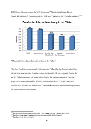 15 Millionen Menschen haben die MSN Messenger109 Mitgliedschaft in der Türkei

Google Türkei ist die 5. Googleseiten in der Welt, und Türkisch ist die 3. Sprache in Google.”110


                             Zwecke der Internetbenutzung in der Türkei
                                  38%
                       40%                     36%

                       35%                                    28%
                       30%                                                   24%             23%
         Prozentsatz




                       25%
                       20%
                       15%
                       10%
                       5%
                       0%
                               E-Mail   Suchmaschinen Websiten über    Message        Unterhaltung
                                                      Arbeit/Schule Diensleistungen


Abbildung 24: Zwecke der Internetbenuztung in der Türkei111



Alle diese Graphiken zeigen uns die Neigungen den Türken über das Internet. Ich möchte

nächste Seite zwei wichtige Graphiken teilen. Im Kapitel 5.2.2 wir werden die Datein, die

aus der Türkei gesammelt, mit unsere einige Datein, die kommen aus unsere Umfrage,

vergleichen. Interesant ist es hier Wahl der Bezahlungsmethode; 77% der Türkischen

Internetkaufer bezahlen mit Kreditkarten. Das macht Kreditkarten als ein Bezahlungsmethode

für Onlineverkaufer unverzichtbar.




109
      Ein Messencer Diesleistungen bei Microsoft http://www.msn.com Aktuell 04.05.2009
110
      Baloğlu, A., İnternet ve Pazarlama, Ekin Yayınları, Bursa, 2008 S.10 (Türkisch)
111
      Baloğlu, A., S. 11-12, (nur Datein)

                                                         42
 