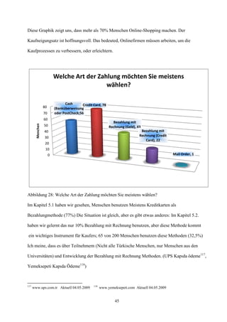 Diese Graphik zeigt uns, dass mehr als 70% Menschen Online-Shopping machen. Der

Kaufneigungsatz ist hoffnungsvoll. Das bedeuted, Onlinefirmen müssen arbeiten, um die

Kaufprozessen zu verbessern, oder erleichtern.




                           Welche Art der Zahlung möchten Sie meistens
                                             wählen?

                                 Cash       Credit Card, 78
                  80       (Banküberweisung
                  70       oder PostCheck;56
                  60
                                                                Bezahlung mit
        Menchen




                  50                                          Rechnung (Geld), 43
                  40                                                             Bezahlung mit
                  30                                                            Rechnung (Credit
                                                                                   Card), 22
                   20
                   10
                       0                                                                           Mail Order, 1




Abbildung 28: Welche Art der Zahlung möchten Sie meistens wählen?

Im Kapitel 5.1 haben wir gesehen, Menschen benutzen Meistens Kreditkarten als

Bezahlungmethode (77%) Die Situation ist gleich, aber es gibt etwas anderes: Im Kapitel 5.2.

haben wir gelernt das nur 10% Bezahlung mit Rechnung benutzen, aber diese Methode kommt

ein wichtiges Instrument für Kaufers; 65 von 200 Menschen benutzen diese Methoden (32,5%)

Ich meine, dass es über Teilnehmern (Nicht alle Türkische Menschen, nur Menschen aus den

Universitäten) und Entwicklung der Bezahlung mit Rechnung Methoden. (UPS Kapıda ödeme117,

Yemeksepeti Kapıda Ödeme118)



117                                                118
      www.ups.com.tr Aktuell 04.05.2009                  www.yemeksepeti.com Aktuell 04.05.2009


                                                                 45
 