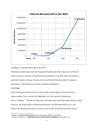 Internet Benutzerzahl in der Welt
                          1,400,000,000
                                                                                                     1.3 Milliarden

                          1,200,000,000


                          1,000,000,000
      Zahl der Menschen




                           800,000,000


                           600,000,000


                           400,000,000

                                                                                    350 Millionen
                           200,000,000
                                                           16 Millionen
                                               1 Million
                                     0
                                          Jahren 1990        1995                   2000               2005




Abbildung 2: Internetbenutzerzahl in der Welt16

Wir können einfach sehen, dass die Neigung der Graphik sehr stark und positiv ist. Nach 20

Jahren erwarte ich mehr als 2,5 Milliarden Internetbenutzer in der Welt. Diese Erwartung ist

auch eine Antwort zur Frage: Warum sollen wir auf Online Marketing oder E-Commerce

konzentieren? Das Internet ist das starke Trend des Jahrhunderts.

2.3.5. Fazit

Diese Grundeigenschaften lassen sich durch einige weitere ergänzen, die sich teilweise

daraus ergeben. Dies ist einmal die Möglichkeit, die Visits und das Verhalten der

user zu verfolgen.17 Obwohl das fraglich ist, weil immer noch nicht alles nachvollzogen werden

kann bzw. die Frage besteht, ob Internetseitenanbieter das überhaupt dürfen, ist es eine

Chance, die Kunden besser kennen zu lernen. Dies erlaubt eine Effizienzkontrolle und bei


16
     Baloğlu, A., İnternet ve Pazarlama, Ekin Yayınları, Bursa, 2008 S.1 (nur Daten)
17
     Cazals, F.; Eskenazi, J.-P.: Marketing online et référencement, Webedition, Paris 2005, S. 60

                                                             9
 