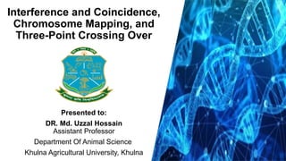 Interference and Coincidence,
Chromosome Mapping, and
Three-Point Crossing Over
Presented to:
DR. Md. Uzzal Hossain
Assistant Professor
Department Of Animal Science
Khulna Agricultural University, Khulna
 