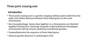 Three point crossing over
Introduction
• Three-point crossing over is a genetic mapping method used to determine the
order and relative distances between three linked genes on the same
chromosome.
• Key ConceptsLinkage: Genes close together on a chromosome are inherited
together.Crossing Over: Exchange of genetic material between homologous
chromosomes during meiosis, producing recombinant gametes.
• PurposeDetermine the sequence of three linked genes.
• Measure genetic distances in centimorgans (cM).
 