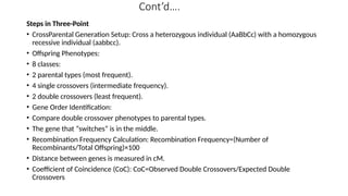 Cont’d….
Steps in Three-Point
• CrossParental Generation Setup: Cross a heterozygous individual (AaBbCc) with a homozygous
recessive individual (aabbcc).
• Offspring Phenotypes:
• 8 classes:
• 2 parental types (most frequent).
• 4 single crossovers (intermediate frequency).
• 2 double crossovers (least frequent).
• Gene Order Identification:
• Compare double crossover phenotypes to parental types.
• The gene that “switches” is in the middle.
• Recombination Frequency Calculation: Recombination Frequency=(Number of
Recombinants/Total Offspring)×100
• Distance between genes is measured in cM.
• Coefficient of Coincidence (CoC): CoC=Observed Double Crossovers/Expected Double
Crossovers
 