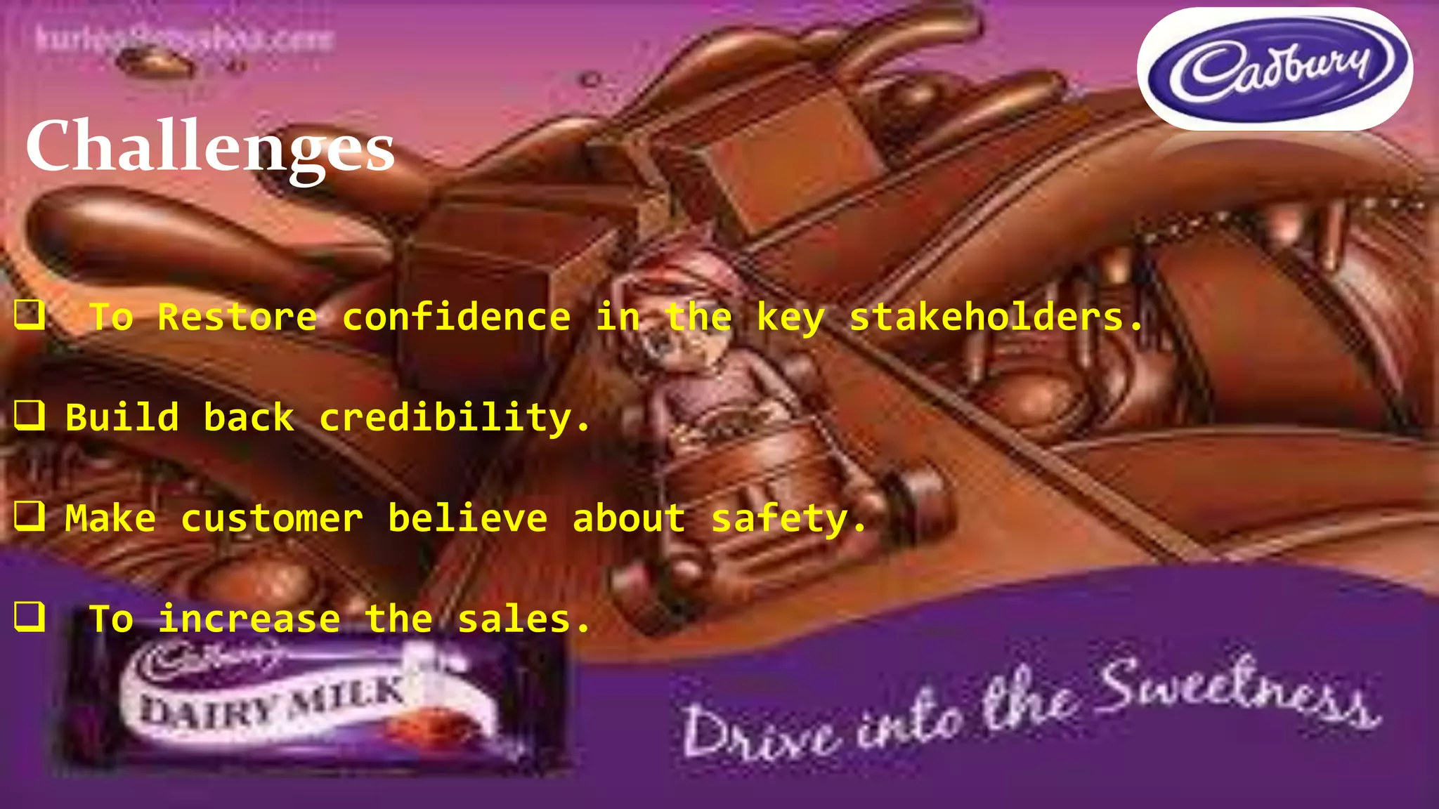  To Restore confidence in the key stakeholders.
 Build back credibility.
 Make customer believe about safety.
 To increase the sales.
Challenges
 