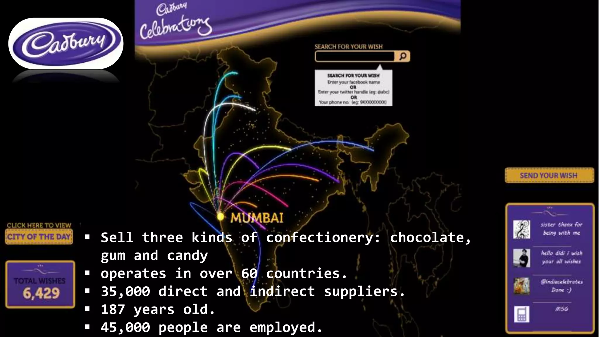  Sell three kinds of confectionery: chocolate,
gum and candy
 operates in over 60 countries.
 35,000 direct and indirect suppliers.
 187 years old.
 45,000 people are employed.
 