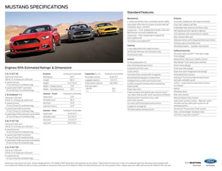 2016 MUSTANG
ford.com
MUSTANG SPECIFICATIONS
Dimensions may vary by trim level. 1
Actual mileage will vary. 2
For Shelby GT350®dimensions and capacities see your dealer. 3
Tested with 93-octane fuel. 4
In lieu of a traditional spare tire, Mustang comes equipped with
a tire sealant and inflator kit which includes a portable air compressor and a can of tire sealant to inflate and seal small punctures for short periods of time. 5
Always wear your safety belt and secure children in the rear seat.
Standard Features
Mechanical
4-wheel vented disc Anti-Lock Brake System (ABS)
Selectable-effort electric power-assisted steering
(Standard, Sport, Comfort)
Suspension – Front: independent double-ball-joint
MacPherson strut with stabilizer bar
Suspension – Rear: independent integral link
with stabilizer bar
Tire inflator and sealant kit4
Seating
4-way adjustable front head restraints
50/50 split-fold rear seat (fastback only)
Front bucket seats
Interior
12-volt powerpoints (2)
Auto-dimming rearview mirror
Carpeted front floor mats
Cruise control
Full center floor console with storage bin
Illuminated locking glove compartment
Intelligent Access with push-button start
Leather-wrapped steering wheel and parking
brake handle
Power door locks
Power windows with global open and one-touch
-up/-down feature (one-touch-up only on fastback)
Steering wheel-mounted cruise, audio
and 5-way controls
Sun visors with illuminated vanity mirrors
Sunglasses storage bin
Tilt/telescoping steering column
Exterior
Automatic headlamps with wiper activation
Easy Fuel®
capless fuel filler
Embedded radio antenna (fastback only)
HID headlamps with signature lighting
LED taillamps with sequential turn signals
Rear-window defroster
Sideview mirrors with integrated blind spot mirrors
Tonneau caps (convertible only)
Windshield wipers – Variable-intermittent
Safety  Security
Personal Safety System™ with dual-stage
front airbags5
AdvanceTrac®
electronic stability control
Belt-Minder®
front safety belt reminder
Driver’s knee airbag5
Front-seat side airbags5
Glove-box-door-integrated knee airbag5
Illuminated Entry System
Individual Tire Pressure Monitoring System
(excludes available spare)
LATCH – Lower Anchors and Tether Anchors
for Children
MyKey®
Perimeter alarm
Rear view camera
Remote Keyless Entry System
Safety belt restraint system – Manual 3-point
shoulder and lap safety belt system for all
seating positions
SecuriLock®
Passive Anti-Theft System
Side-curtain airbags5
(fastback only)
SOS Post-Crash Alert System™
Engines/EPA-Estimated Ratings1
 Dimensions2
3.7LTi-VCT V6
300 hp @ 6,500 rpm
280 lb.-ft. of torque @ 4,000 rpm
6-speed manual
	 17 city/28 hwy/21 combined mpg
6-speed SelectShift®
automatic
	 19 city/28 hwy/22 combined mpg
2.3L EcoBoost®
I-4
310 hp @ 5,500 rpm3
320 lb.-ft. of torque @ 3,000 rpm3
6-speed manual
	 22 city/31 hwy/25 combined mpg
6-speed SelectShift automatic
	 21 city/32 hwy/25 combined mpg
6-speedSelectShiftautomatic(convertible)
	 20 city/29 hwy/24 combined mpg
5.0LTi-VCT V8
435 hp @ 6,500 rpm3
400 lb.-ft. of torque @ 4,250 rpm3
6-speed manual
	 15 city/25 hwy/19 combined mpg
6-speed SelectShift automatic
	 16 city/25 hwy/19 combined mpg
6-speedSelectShiftautomatic(convertible)
	 15 city/24 hwy/18 combined mpg
5.2LTi-VCT V8
526 hp @ 7,500 rpm3
429 lb.-ft. of torque @ 4,750 rpm3
6-speed manual
	 14 city/21 hwy/16 combined mpg
Exterior	 Fastback/Convertible
Wheelbase	107.1
Length	188.3
Height	54.4/54.9
Width – Folded mirrors	 77.0
Width – Including mirrors	 81.9
Interior – Front	 Fastback/Convertible
Head room	 37.6
Shoulder room	 56.3
Hip room	 54.9
Leg room (max.)	 44.5
Interior – Rear	 Fastback/Convertible
Head room	 34.8/35.7
Shoulder room	 52.2/44.7
Hip room	 47.4/43.7
Leg room	 29.0/29.2
Capacities (cu. ft.)	 Fastback/Convertible
Passenger volume	 82.8/79.3
Luggage capacity	 13.5/11.4
Total interior volume	 96.3/90.7
Fuel tank (gal.)
	V6/V8	 16.0
	I-4	 15.5
 
