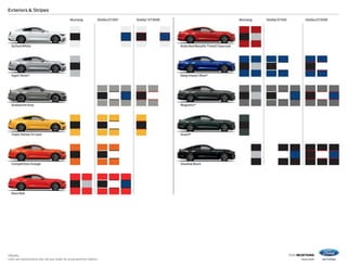2016 MUSTANG
ford.com
Exteriors  Stripes
Ingot Silver*
Mustang MustangShelby GT350®
Shelby GT350Shelby®
GT350R Shelby GT350R
Competition Orange
Race Red
Triple Yellow Tri-coat
Avalanche Gray
Oxford White
*Metallic.
Colors are representative only. See your dealer for actual paint/trim options.
Guard*
Deep Impact Blue*
Magnetic*
Shadow Black
Ruby Red MetallicTinted Clearcoat
 