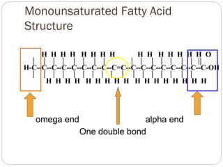 Monounsaturated Fatty Acid
Structure
H H H H H H H H

H H H H H H H O

H-C--C--C--C--C--C--C--C--C=C--C--C--C--C--C--C--C--C-OH

H H H H H H H H H H H H H H H H H

omega end

alpha end
One double bond

 