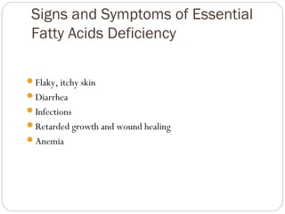 Signs and Symptoms of Essential
Fatty Acids Deficiency
Flaky, itchy skin
Diarrhea
Infections
Retarded growth and wound healing
Anemia

 