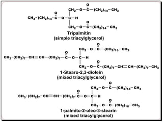 O

O

CH2

O
CH3 (CH2)14 C

O

C

O
C

O
C (CH2)14

H

CH2

(CH2)14

CH3

CH3

Tripalmitin
(simple triacylglycerol)
CH2

O
CH3 (CH2)7 CH

CH

(CH2)7

C

O

C

O

O
C

O

O
C (CH2)7 CH

H

CH2

(CH2)16

CH3

CH (CH2)7 CH3

1-Stearo-2,3-diolein
(mixed triacylglycerol)
CH2

O
CH3 (CH2)7 CH

CH

(CH2)7 C

O

C

O

O
C

O

O
C (CH2)16

H

CH2

(CH2)14

1-palmito-2-oleo-3-stearin
(mixed triacylglycerol)

CH3

CH3

 