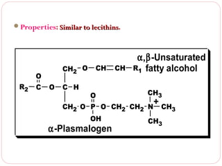 Properties: Similar to lecithins.

CH2 O

O
R2

C

O

C H

CH

CH

α,β-Unsaturated
R1 fatty alcohol

O

CH2 O P O CH2 CH2
OH

α-Plasmalogen

CH3

+ CH
N

3

CH3

 