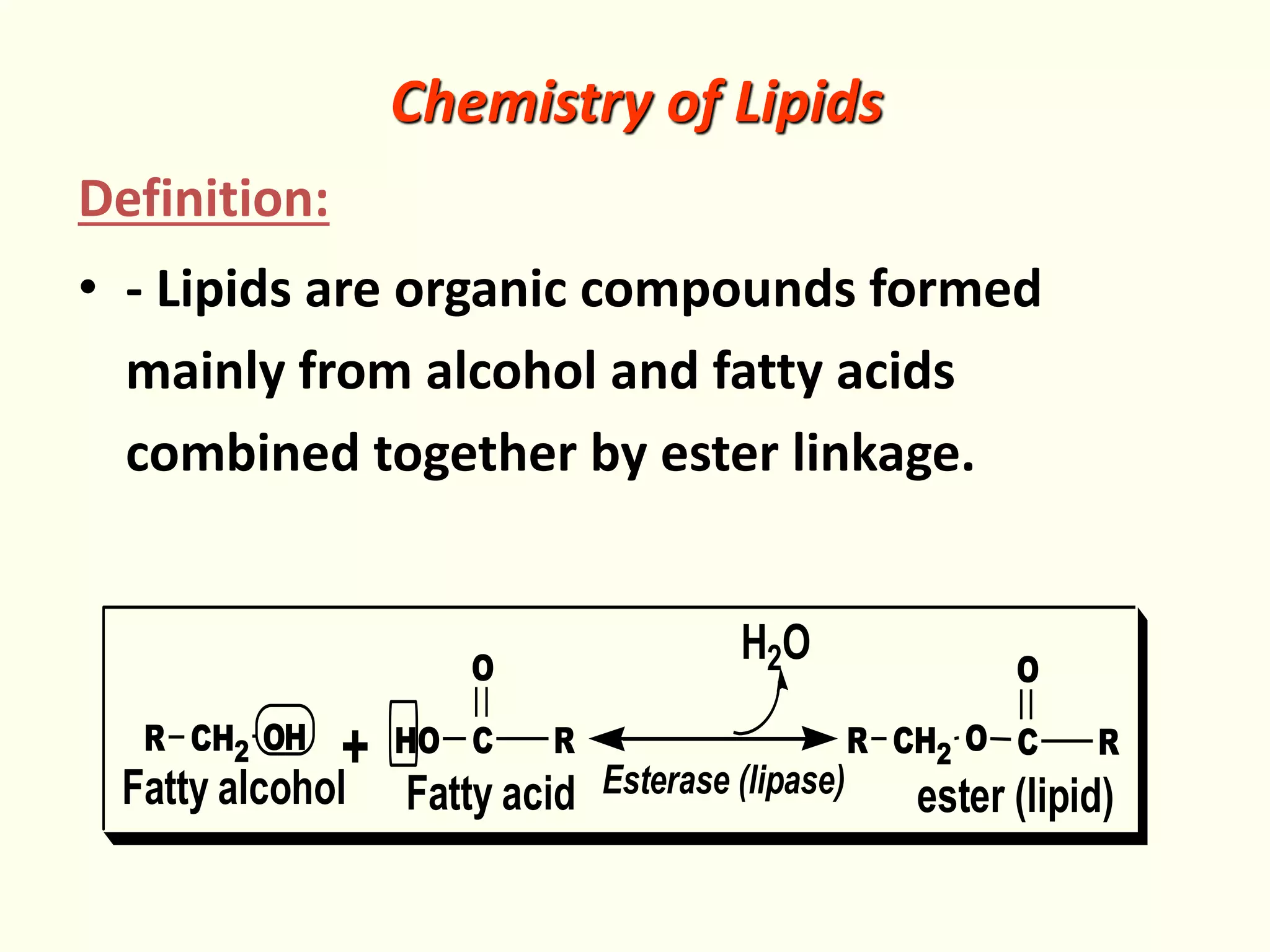 Chemistry of Lipids
Definition:
• - Lipids are organic compounds formed
mainly from alcohol and fatty acids
combined together by ester linkage.
CH2R
Fatty alcohol
OH C R
Fatty acid
HO
O
+
H2O
CH2R O C R
O
Esterase (lipase) ester (lipid)
 