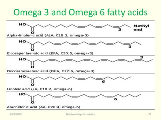 Omega 3 and Omega 6 fatty acids
6/29/2012 Biochemistry for medics 37
 