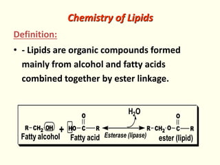 Chemistry of Lipids
Definition:
• - Lipids are organic compounds formed
mainly from alcohol and fatty acids
combined together by ester linkage.
CH2R
Fatty alcohol
OH C R
Fatty acid
HO
O
+
H2O
CH2R O C R
O
Esterase (lipase) ester (lipid)
 