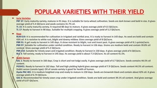 POPULAR VARIETIES WITH THEIR YIELD
 toria Varieties
PBT 37: Early maturity variety, matures in 91 days. It is suitable for toria-wheat cultivation. Seeds are dark brown and bold in size. It gives
average yield of 5.4 Qtl/acre and seeds contains 41.7% oil.
TL 15: It is early maturity variety. It required 88 days to mature. It gives average yield of 4.5 Qtl/acre.
TL 17: Ready to harvest in 90 days. Suitable for multiple cropping. It gives average yield of 5.2 Qtl/acre.
 Raya
RLM 619: It is recommended for cultivation in irrigated and rainfed area. It is ready to harvest in 143 days. Its seed are bold and contain
43% oil. It is resistive to white rust, blight and downy mildew. Gives average yield of 8 Qtl/acre.
PBR 91: It get ready to harvest in 145 days. It show resistant to blight, rust and insect pest. It gives average yield of 8.1 quintal/acre.
PBR 97: Suitable for cultivation under rainfed condition. Ready to harvest in 136 days. Grains are medium bold and contain 39.8% oil
content. Gives average yield of 5.2 Qtl/acre.
PBR 210: Suitable for timely sown and irrigated condition. Ready to harvest in 150 days. It gives average yield of 6 Qtl/acre.
RLC 3: Tall variety, ready to harvest in 145 days. Its average yield is about 7.3 Qtl/acre. Its oil content 41.5%.
 Gobhi Sarson
GSL 1: Ready to harvest in 160 days. Crop is short and not lodge easily. It gives average yield of 6.7 Qtl/acre. Seeds contains 44.5% oil
content.
PGSH51: Ready to harvest in 162 days. Tall and high yielding hybrid gives average yield of 7.9 Qtl/acre. Seeds content 44.5% oil content.
Gobhi sarson (canola type): Oil of canola variety is good for health of human.
Hyola PAC 401: It is medium heighted crop and ready to mature in 150 days. Seeds are brownish black and contain about 42% oil. It gives
average yield of 6.74 Qtl/acre.
GSC 6: Recommended for timely sown crop under irrigated condition. Seeds are bold and content 39.1% oil content. And gives average
yield of 6.07 Qtl/acre.
 