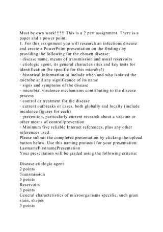 Must be own work!!!!!! This is a 2 part assignment. There is a
paper and a power point.
1. For this assignment you will research an infectious disease
and create a PowerPoint presentation on the findings by
providing the following for the chosen disease:
· disease name, means of transmission and usual reservoirs
· etiologic agent, its general characteristics and key tests for
identification (be specific for this microbe!)
· historical information to include when and who isolated the
microbe and any significance of its name
· signs and symptoms of the disease
· microbial virulence mechanisms contributing to the disease
process
· control or treatment for the disease
· current outbreaks or cases, both globally and locally (include
incidence figures for each)
· prevention, particularly current research about a vaccine or
other means of control/prevention
· Minimum five reliable Internet references, plus any other
references used.
Please submit the completed presentation by clicking the upload
button below. Use this naming protocol for your presentation:
LastnameFirstnamePresentation
Your presentation will be graded using the following criteria:
Disease etiologic agent
2 points
Transmission
3 points
Reservoirs
3 points
General characteristics of microorganisms specific, such gram
stain, shapes
3 points
 