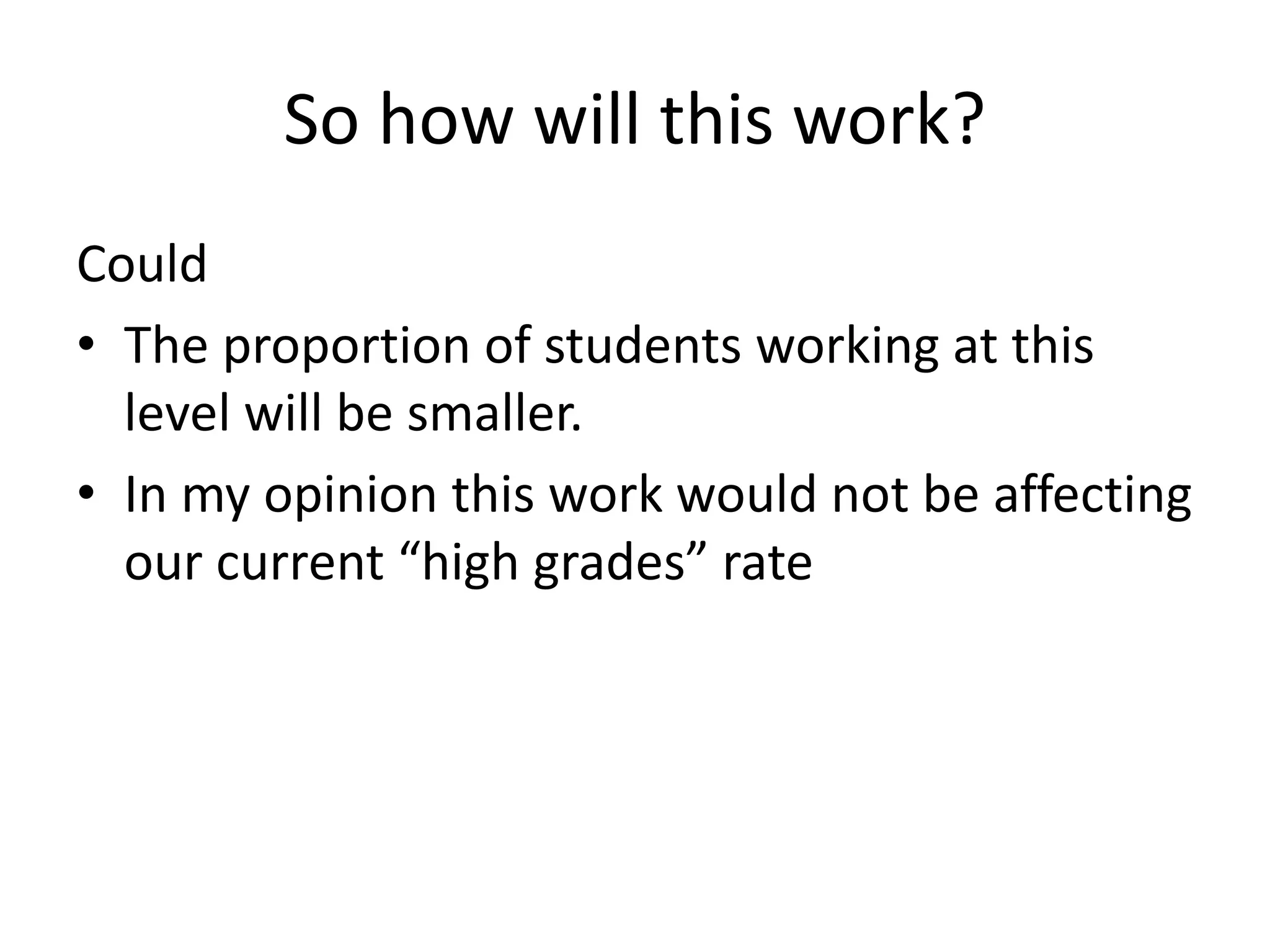 So how will this work?
Could
• The proportion of students working at this
level will be smaller.
• In my opinion this work would not be affecting
our current “high grades” rate
 